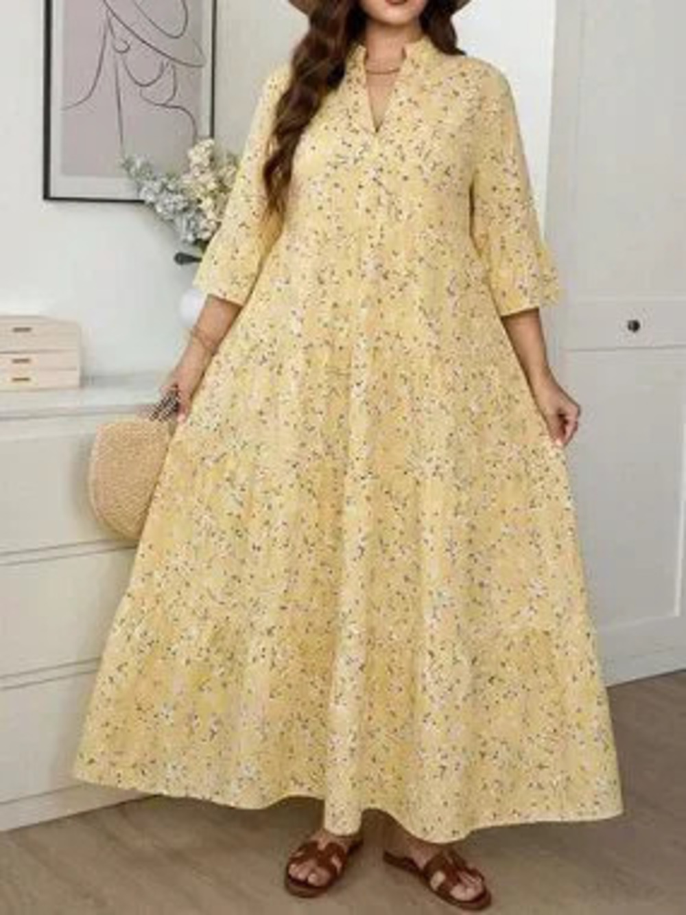ZARA Yellow Boho Women's Ditsy Floral Sleeve Patchwork Tiered Maxi Dress